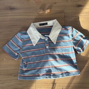 SHEIN Cropped White Collar Polo with Blue and Red Stripes